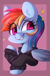 Size: 947x1440 | Tagged: safe, artist:sakukitty, derpibooru import, rainbow dash, pegasus, pony, clothes, hoodie, smiling, solo