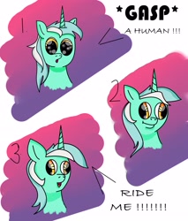Size: 3456x4056 | Tagged: safe, artist:goldlines005, derpibooru import, lyra heartstrings, pony, unicorn, abstract background, bust, comic, derp, female, horn, mare, talking, that pony sure does love humans