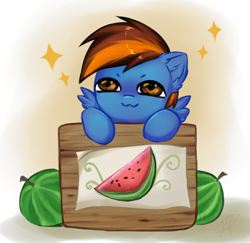 Size: 1856x1807 | Tagged: safe, artist:megabait, derpibooru import, oc, pegasus, pony, box, cute, food, picture, stars, watermelon, watermelon piece