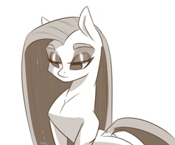 Size: 1000x831 | Tagged: safe, artist:inky_mitts, derpibooru import, pinkie pie, earth pony, pony, dock, eyebrows, eyeshadow, grayscale, lidded eyes, makeup, monochrome, pinkamena diane pie, simple background, solo, white background