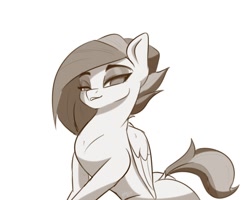 Size: 1000x798 | Tagged: safe, artist:inky_mitts, derpibooru import, rainbow dash, pegasus, pony, bedroom eyes, dock, eyebrows, grayscale, looking at you, monochrome, simple background, smiling, smirk, white background