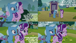 Size: 1280x720 | Tagged: safe, derpibooru import, edit, edited screencap, editor:quoterific, screencap, starlight glimmer, trixie, pony, unicorn, road to friendship, season 8, spoiler:s08, ^^, cute, diatrixes, eyes closed, female, genre savvy, glimmerbetes, mare, open mouth, smiling, trixie's wagon, wagon, walking