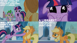 Size: 1280x720 | Tagged: safe, derpibooru import, edit, edited screencap, editor:quoterific, screencap, applejack, spike, twilight sparkle, unicorn twilight, dragon, earth pony, pony, unicorn, season 3, the crystal empire, applejack's hat, bipedal, book, clothes, cowboy hat, cute, hat, open mouth, smiling, that pony sure does love books, twiabetes