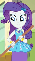 Size: 723x1233 | Tagged: safe, derpibooru import, screencap, rarity, best trends forever, best trends forever: pinkie pie, better together, equestria girls, :|, belt, blue eyes, blue eyeshadow, bracelet, broom, cropped, cutie mark on clothes, diamonds, eyeshadow, frilly design, geode of shielding, gold, hairpin, jewelry, pencil skirt, pendant, purple hair, rarity peplum dress, sleeveless, sleeveless tank top, solo, white skin