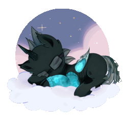 Size: 1017x1039 | Tagged: safe, artist:finlywhisk, derpibooru import, oc, oc:tarsi, changeling, animated, changeling oc, clothes, cloud, commission, glasses, horn, sleeping, stars, wings, ych result