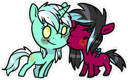 Size: 1184x744 | Tagged: safe, artist:sexygoatgod, derpibooru import, lyra heartstrings, oc, oc:razzmatazz gleam, bat pony, hybrid, pegasus, pony, unicorn, blush sticker, blushing, canon x oc, chibi, female, kiss on the cheek, kissing, lesbian, smiling