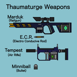 Size: 1024x1024 | Tagged: safe, artist:dice-warwick, derpibooru import, fallout equestria, fallout equestria: dance of the orthrus, air rifle, barely pony related, energy sword, fanfic art, gun, guns for ponies, high tech weapons, magical energy weapon, minniball, no pony, railgun, rifle, scope, sniper rifle, submachinegun, weapon