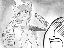 Size: 1769x1316 | Tagged: safe, artist:solid shrimp, derpibooru import, limestone pie, oc, oc:anon, earth pony, human, pony, drawthread, female, flustered, mare, monochrome, solo, spear, weapon, yandere