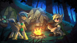 Size: 3000x1688 | Tagged: safe, artist:redchetgreen, derpibooru import, oc, oc only, oc:cloud zapper, earth pony, pegasus, armor, campfire, crossbow, cutie mark, duo, fire, food, forest, grass, log, mouth hold, night, pot, rock, scenery, tree, unnamed oc, weapon