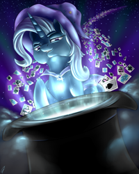 Size: 1600x2000 | Tagged: safe, artist:com3tfire, derpibooru import, trixie, unicorn, card, hat, light, looking at you, magic, smiling, smiling at you