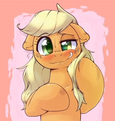 Size: 1668x1759 | Tagged: safe, artist:kurogewapony, derpibooru import, applejack, earth pony, pony, awkward smile, blushing, ears, female, floppy ears, looking at you, loose hair, mare, smiling, solo, sweat, sweatdrop, wavy mouth