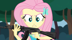 Size: 1280x720 | Tagged: safe, artist:edy_january, derpibooru import, edit, edited screencap, screencap, fluttershy, equestria girls, ak-74m, angry, assault rifle, call of duty, firearms, gun, hunter, hunting, rifle, solo, vector, vector edit, weapon