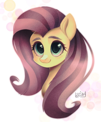 Size: 1210x1463 | Tagged: safe, artist:llazyart, derpibooru import, fluttershy, pony, abstract background, blushing, bust, eyebrows, female, looking at you, mare, portrait, smiling, solo, three quarter view