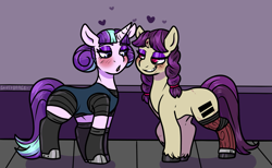 Size: 1971x1218 | Tagged: safe, artist:sexygoatgod, derpibooru import, starlight glimmer, oc, oc:banshee bye, pony, unicorn, amputee, broken horn, canon x oc, clothes, equal cutie mark, female, floating heart, grin, heart, horn, lesbian, prosthetic leg, prosthetic limb, prosthetics, smiling, uniform