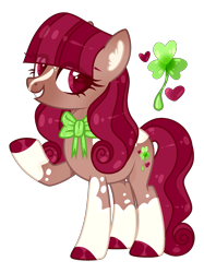 Size: 1719x2302 | Tagged: safe, artist:lilywolfpie-yt, derpibooru import, oc, oc only, earth pony, pony, bow, female, grin, looking at you, mare, offspring, parent:cherry jubilee, parent:trouble shoes, simple background, smiling, smiling at you, solo, transparent background