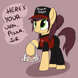 Size: 1648x1650 | Tagged: safe, artist:whiskeypanda, derpibooru import, oc, oc only, earth pony, pony, clothes, delivery pony, eye clipping through hair, female, food, mare, pizza, pizza box, pizza thot, requested art, simple background, solo, text, uniform