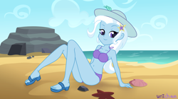 Size: 3832x2152 | Tagged: safe, artist:unichan, derpibooru import, trixie, equestria girls, beach, bedroom eyes, belly button, bikini, bikini bottom, bikini top, clothes, commission, feet, female, hat, jewelry, ocean, piercing, rock, sandals, seashell, sitting, sleeveless, solo, starfish, sun hat, swimsuit, water, ych result