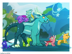 Size: 1280x957 | Tagged: safe, artist:quincydragon, derpibooru import, oc, oc only, oc:cerci, oc:coxal, oc:dewdrop, oc:drone, oc:hexa, oc:perennial, oc:stemma, dragonling, interspecies offspring, magical gay spawn, offspring, parent:garble, parent:pharynx