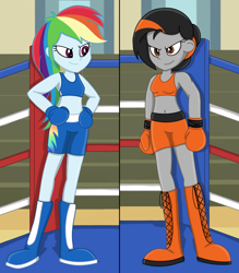 Size: 1400x1600 | Tagged: safe, artist:toyminator900, derpibooru import, rainbow dash, oc, oc:dusk strike, equestria girls, boxing, boxing gloves, clothes, gym, sports, sports bra