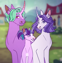 Size: 1280x1311 | Tagged: safe, artist:s0ftserve, derpibooru import, firelight, starlight glimmer, oc, pony, unicorn, curved horn, family, father and child, father and daughter, female, filly, filly starlight glimmer, husband and wife, male, mare, married couple, mother and child, mother and daughter, parent and child, stallion, tooth gap, younger