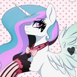 Size: 2200x2200 | Tagged: safe, artist:chickenbrony, derpibooru import, princess celestia, alicorn, pony, bowtie, female, goth, looking at you, mare, polka dot background, ponymania, punklestia, solo, spread wings, wings