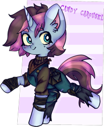 Size: 967x1180 | Tagged: safe, artist:ube, artist:ubebreb, derpibooru import, oc, oc only, oc:candy carousel, unicorn, fallout equestria, ashes town, bandage, bandana, chibi, clothes, engineer, fallout equestria oc, horn, overalls, simple background, smol, sweater, turtleneck, unicorn oc