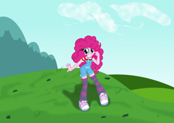 Size: 12347x8745 | Tagged: safe, artist:dtavs.exe, artist:shadowhawx, pinkie pie, equestria girls, absurd resolution, breasts, clothes, colored, grin, happy, looking at you, overalls, pinkie pies, smiling, socks, solo, striped legwear, thigh highs