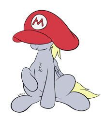 Size: 1191x1385 | Tagged: safe, artist:wapamario63, derpy hooves, pegasus, pony, chest fluff, covered eyes, cute, derpabetes, female, flat colors, hat, mare, mario's hat, simple background, sitting, smiling, solo, transparent background