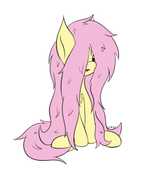 Size: 1793x2016 | Tagged: safe, artist:wapamario63, fluttershy, pegasus, pony, chest fluff, cute, female, flat colors, fluffy mane, hair over eyes, long mane, mare, messy mane, open mouth, shyabetes, simple background, sitting, solo, transparent background