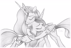 Size: 4096x2792 | Tagged: safe, artist:fladdrarblyg, derpibooru import, princess celestia, princess luna, alicorn, pony, ears, eyes closed, floppy ears, happy, hug, royal sisters, siblings, sisters, smiling, traditional art