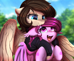 Size: 3215x2640 | Tagged: safe, artist:pridark, derpibooru import, oc, oc only, oc:asmudera, oc:staffie, bat pony, pegasus, pony, bat pony oc, bust, commission, cute, duo, hug, looking at each other, ocbetes, open mouth, portrait, smiling