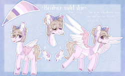 Size: 2931x1796 | Tagged: safe, artist:hoochuu, derpibooru import, oc, oc only, oc:beatrice violet star, pegasus, pony, bow, hair bow, pegasus oc, pegasus pony, reference sheet