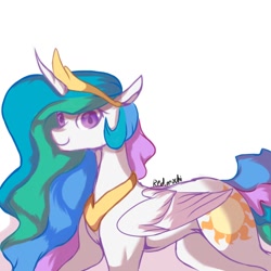 Size: 1280x1280 | Tagged: safe, artist:candy_5756, derpibooru import, princess celestia, alicorn, pony, colored pupils, female, looking at you, mare, profile, signature, simple background, smiling, solo, white background