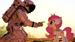 Size: 1920x1080 | Tagged: safe, artist:backmaker, derpibooru import, princess celestia, alicorn, human, 3d, astronaut, cewestia, duo, female, filly, imminent boop, open mouth, pink-mane celestia, source filmmaker, spacesuit, younger