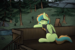 Size: 3000x1992 | Tagged: safe, artist:aaathebap, derpibooru import, oc, oc:kiwi, pegasus, fallout equestria, detailed background, fallout, fanfic, forest, river, sleeping, solo