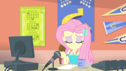 Size: 3410x1920 | Tagged: safe, derpibooru import, screencap, fluttershy, better together, equestria girls, fluttershy's butterflies, fluttershy's butterflies: rainbow dash, computer, eyes closed, female, geode of fauna, hairpin, jewelry, magical geodes, microphone, mug, necklace, solo