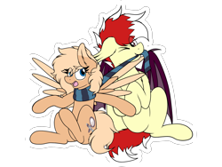 Size: 3000x2250 | Tagged: safe, artist:aaathebap, derpibooru import, oc, oc:aaaaaaaaaaa, oc:mirta whoowlms, bat pony, pegasus, clothes, cute, duo, scarf, simple background, transparent background, tugging