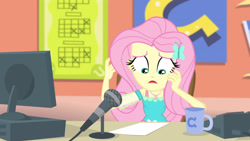 Size: 3410x1920 | Tagged: safe, derpibooru import, screencap, fluttershy, better together, equestria girls, fluttershy's butterflies, fluttershy's butterflies: rainbow dash, computer, female, geode of fauna, hairpin, jewelry, magical geodes, microphone, mug, necklace, open mouth, solo