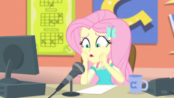 Size: 3410x1920 | Tagged: safe, derpibooru import, screencap, fluttershy, better together, equestria girls, fluttershy's butterflies, fluttershy's butterflies: rainbow dash, computer, female, geode of fauna, hairpin, jewelry, magical geodes, microphone, mug, necklace, open mouth, solo