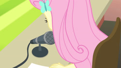 Size: 3410x1920 | Tagged: safe, derpibooru import, screencap, fluttershy, better together, equestria girls, fluttershy's butterflies, fluttershy's butterflies: rainbow dash, faceless female, female, hairpin, microphone, offscreen character, solo