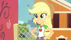 Size: 3410x1920 | Tagged: safe, derpibooru import, screencap, applejack, equestria girls, equestria girls series, fluttershy's butterflies, fluttershy's butterflies: applejack, applejack's hat, belt, clothes, cowboy hat, cutie mark, cutie mark on clothes, denim skirt, female, geode of super strength, hands on hip, hat, jewelry, magical geodes, necklace, skirt, solo