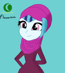 Size: 738x828 | Tagged: safe, artist:phineasmania, derpibooru import, sonata dusk, equestria girls, clothes, eyelashes, female, hijab, simple background, smiling, solo