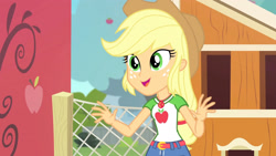 Size: 3410x1920 | Tagged: safe, derpibooru import, screencap, applejack, better together, equestria girls, fluttershy's butterflies, fluttershy's butterflies: applejack, applejack's hat, belt, clothes, cowboy hat, cute, cutie mark, cutie mark on clothes, denim skirt, female, geode of super strength, hat, jackabetes, jewelry, magical geodes, necklace, open mouth, skirt, solo