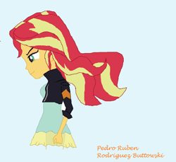 Size: 1084x992 | Tagged: safe, artist:phineasmania, derpibooru import, sunset shimmer, equestria girls, bust, clothes, female, simple background, solo