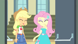 Size: 3410x1920 | Tagged: safe, derpibooru import, screencap, applejack, fluttershy, equestria girls, equestria girls series, fluttershy's butterflies, fluttershy's butterflies: applejack, applejack's hat, belt, clothes, cowboy hat, cute, cutie mark, cutie mark on clothes, denim skirt, eyes closed, female, geode of fauna, geode of super strength, hairpin, hat, jackabetes, jewelry, magical geodes, necklace, open mouth, shyabetes, skirt, smiling