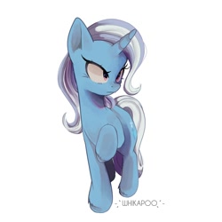 Size: 1500x1500 | Tagged: safe, artist:whikapoo, derpibooru import, trixie, pony, unicorn, not amused face, raised hoof, raised leg, simple background, solo, white background