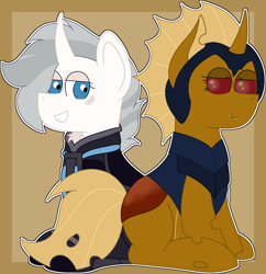 Size: 3906x4030 | Tagged: safe, derpibooru import, oc, oc:dawn strike, oc:mysterious stranger, changeling, unicorn, duo, yellow changeling