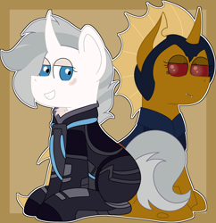 Size: 3906x4030 | Tagged: safe, derpibooru import, oc, oc:dawn strike, oc:mysterious stranger, changeling, unicorn, armor, duo, yellow changeling