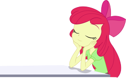 Size: 11358x7008 | Tagged: safe, artist:marcorulezzz, derpibooru import, apple bloom, equestria girls, eyes closed, female, palindrome get, simple background, solo, table, transparent background, vector