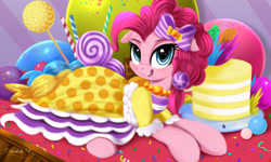 Size: 3000x1800 | Tagged: safe, artist:darksly, derpibooru import, pinkie pie, earth pony, pony, blushing, bow, cake, candy, clothes, confetti, cute, diapinkes, dress, ears, female, floppy ears, food, gala dress, happy, jewelry, lollipop, looking at you, lying down, mare, necklace, open mouth, open smile, prone, smiling, smiling at you, sweets